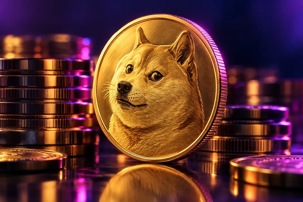 Ilustração editorial: Dogecoin · DOGE